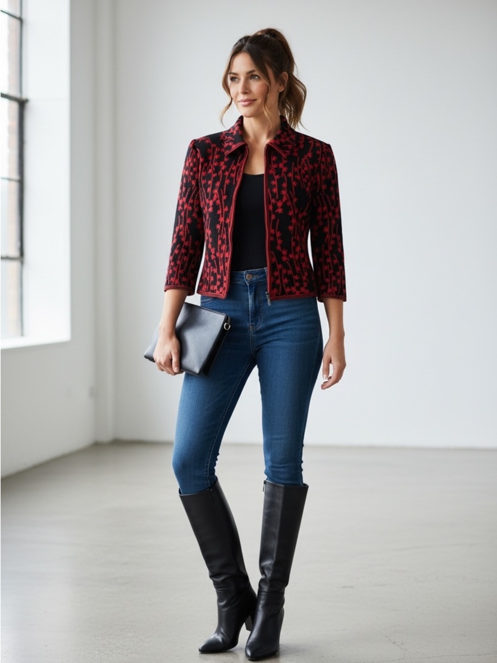 Vintage St. John Collection Marie Gray Black Red Jacquard Zip Jacket Size 8 - Picture 2 of 9